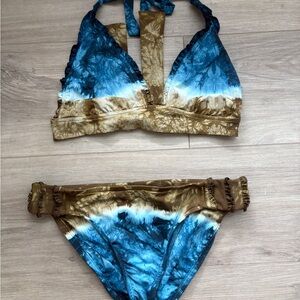 Lucky Brand Blue and Brown Tie-Dye Bikini